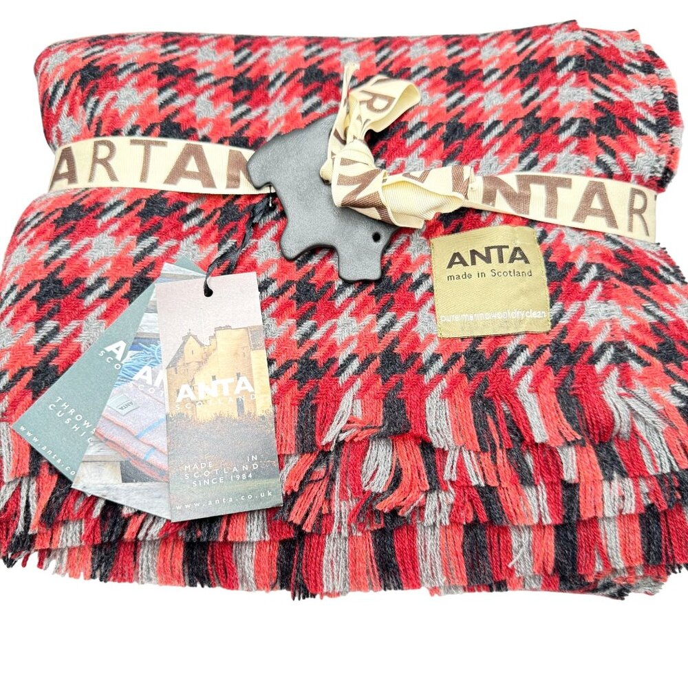 ANTA Plaid Throw Blanket 50"x60" 100% Merino Wool Red Black Grey NWT